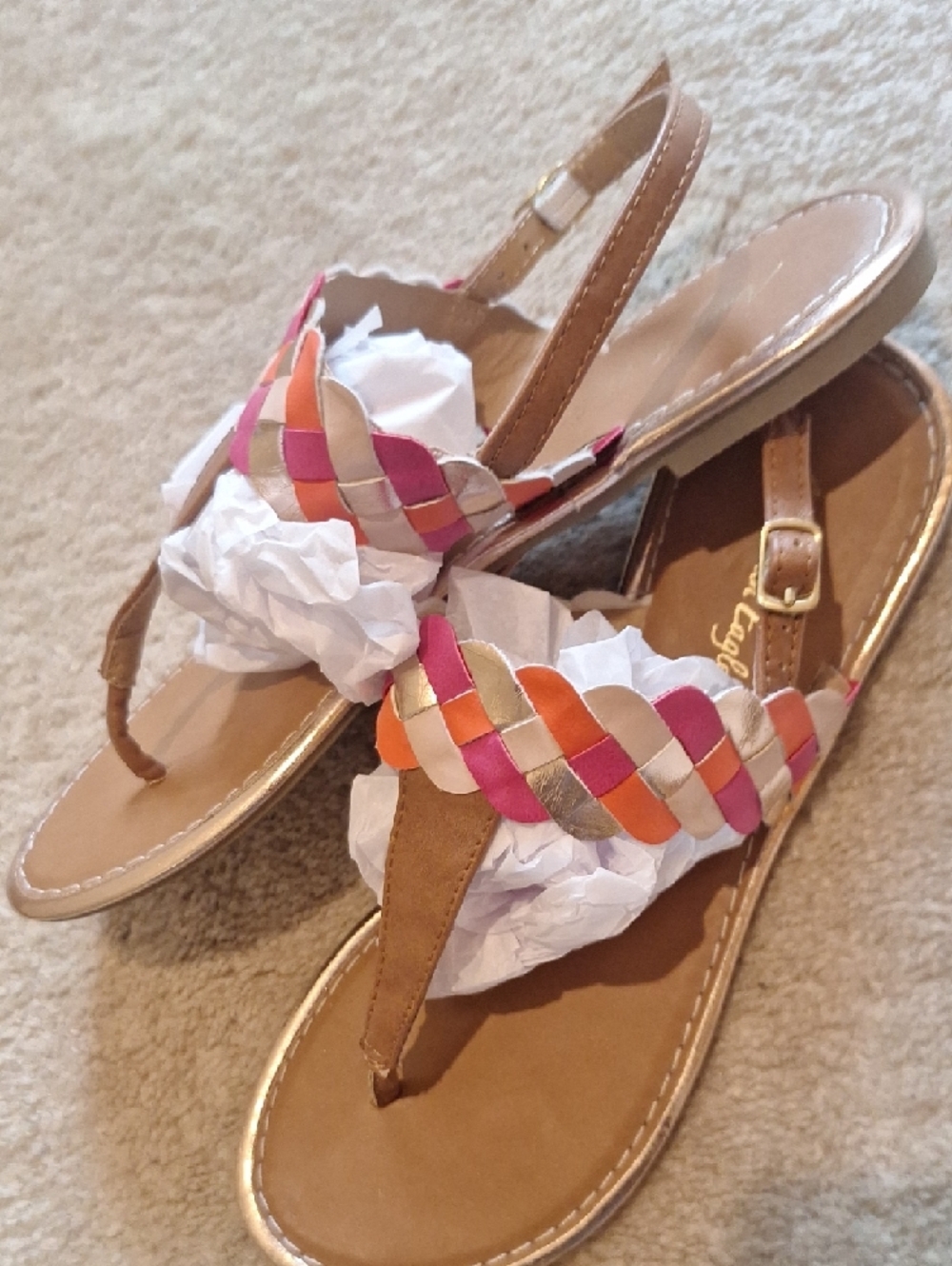 American Eagle Braided T-Strap Sandals in Tan with Pink, Orange & Gold Size M - Picture 5 of 5